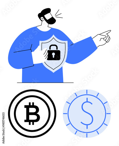 Person holding shield lock icon and pointing, representing security. Bitcoin and dollar coin below. Ideal for finance, cryptocurrency, security, blockchain, fintech savings investment. Flat simple