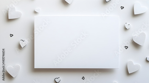 Blank white card surrounded by small decorative hearts for love notes and messages romantic theme love expression concept