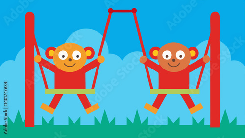 Swinging Monkeys A lively illustration of a pair of playful monkeys swinging on bright red swings. They hang upside down using their tails for balance with big smiles on their