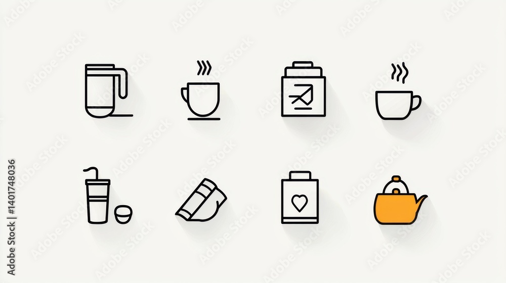 A set of sleek and minimalist hospitality related icons including cups mugs containers and other tableware and kitchen elements presented in a clean and modern outline style A set of sleek and minimalist hospitality related icons including cups mugs containers and other tableware and kitchen elements presented in a clean and modern outline style