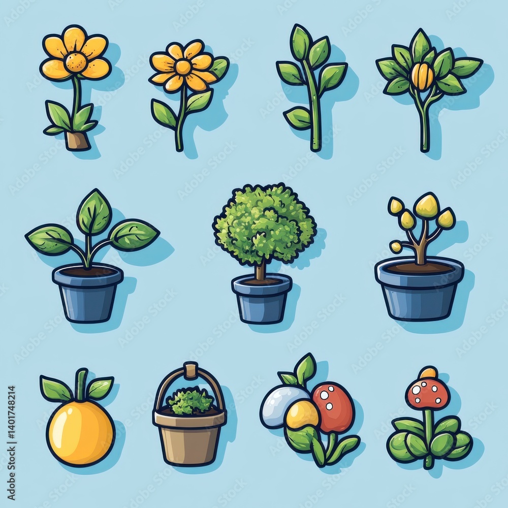 A set of colorful and detailed outline icons depicting various plants flowers and gardening elements designed to appeal to gardeners and those interested in environmental sustainability A set of colorful and detailed outline icons depicting various plants flowers and gardening elements designed to appeal to gardeners and those interested in environmental sustainability