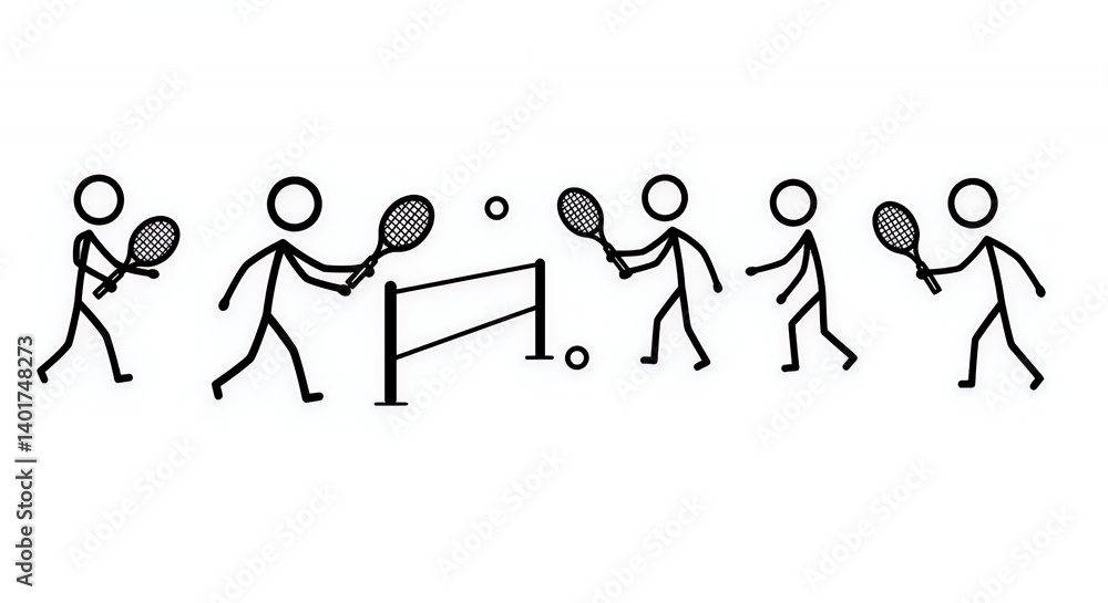 Stick Figures Playing Tennis: Black Line Drawing on White Background Stick Figures Playing Tennis: Black Line Drawing on White Background
