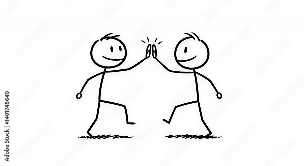 Two Black Stick Figures High-Fiving on White Background Two Black Stick Figures High-Fiving on White Background