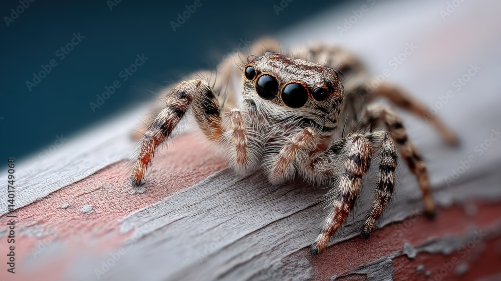 Obraz premium Detailed Close-Up of a Jumping Spider on a Colorful Surface