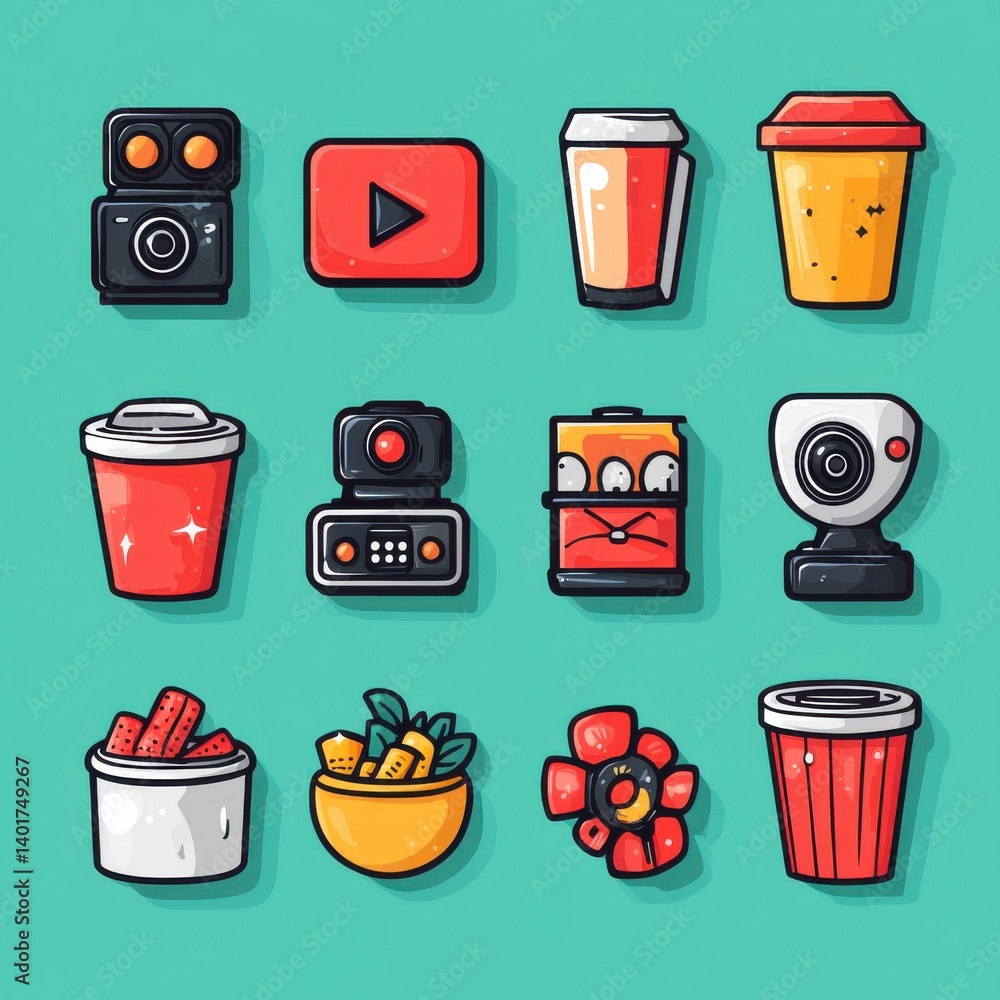A collection of clean minimalist icons representing various elements of the movie and film industry including players snacks and other cinematic paraphernalia