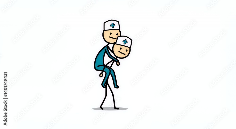 Two Stick Figures in Doctor Hats Piggyback Ride on White Background Two Stick Figures in Doctor Hats Piggyback Ride on White Background