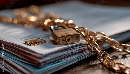 Gold chain and lock securing a stack of documents.