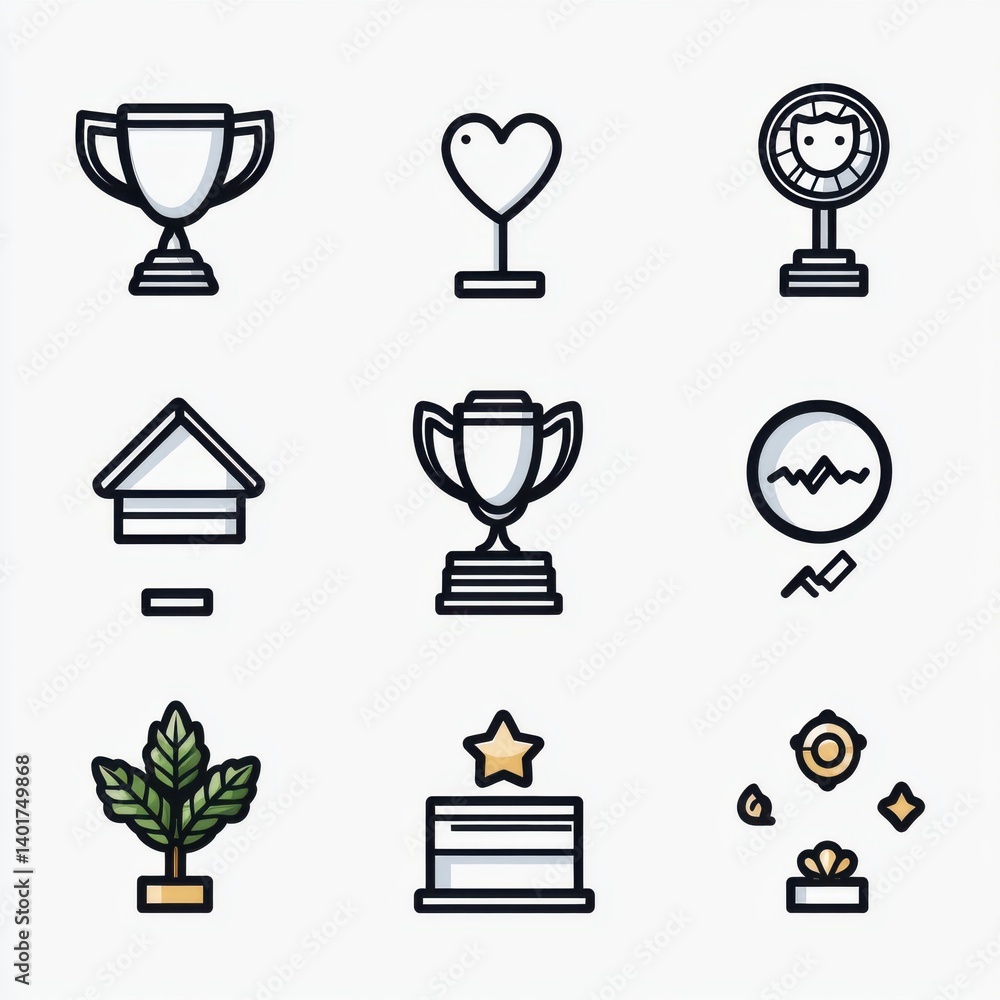 This image is a set of simple monochrome icons designed in a minimalist style representing different elements of success growth and performance