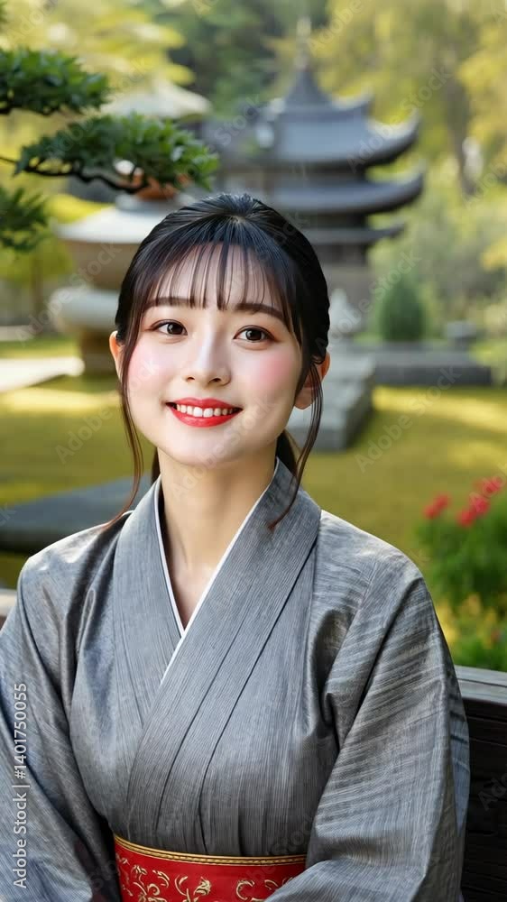 Smiling Woman in a Traditional Kimono with a Pagoda in the Background Smiling Woman in a Traditional Kimono with a Pagoda in the Background