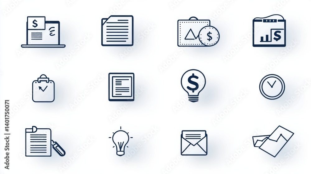 This set of icons depicts various elements related to tax accounting and business management including documents charts graphs and financial symbols