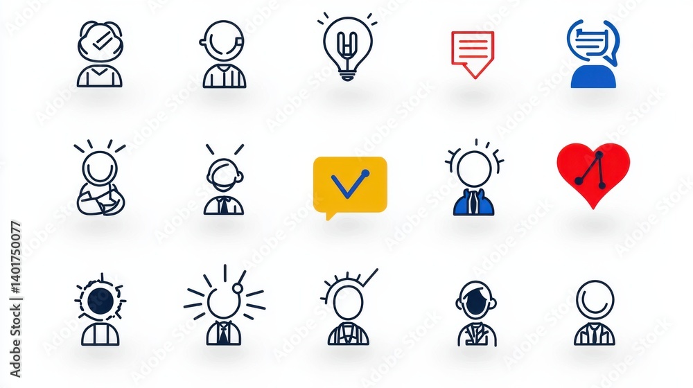 This image presents a set of 15 clean minimalist line icons that visually represent a range of professional and technology focused themes including business communication analysis strategy innovation