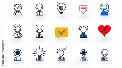 This image presents a set of 15 clean minimalist line icons that visually represent a range of professional and technology focused themes including business communication analysis strategy innovation