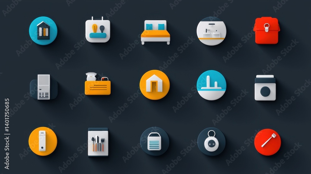 A comprehensive collection of modern flat style icons representing various hotel services amenities and facilities including accommodations dining wellness security and more