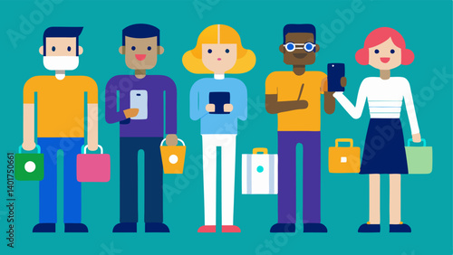Group of Consumers A crowd of diverse simplified characters holding various items like smartphones and shopping bags with an AI figure analyzing their preferences on a tablet.