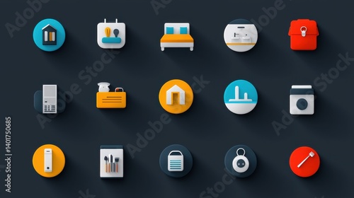 Obraz na płótnie A comprehensive collection of modern flat style icons representing various hotel services amenities and facilities including accommodations dining wellness security and more w salonie