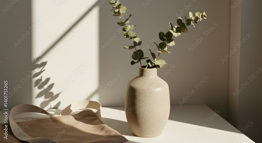 Sunlit Eucalyptus in Beige Vase. Sunlit Eucalyptus in Beige Vase.