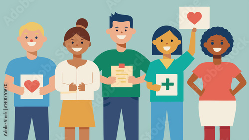 Preventative Tips A diverse group of individuals holding signs with preventative health tips like Stay Active Eat Fresh and Get Regular Checkups promoting health awareness.