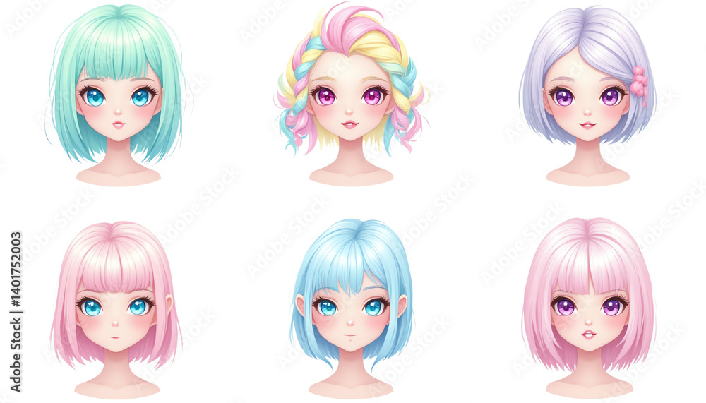Stylized characters with colorful hairstyles. Stylized characters with colorful hairstyles.