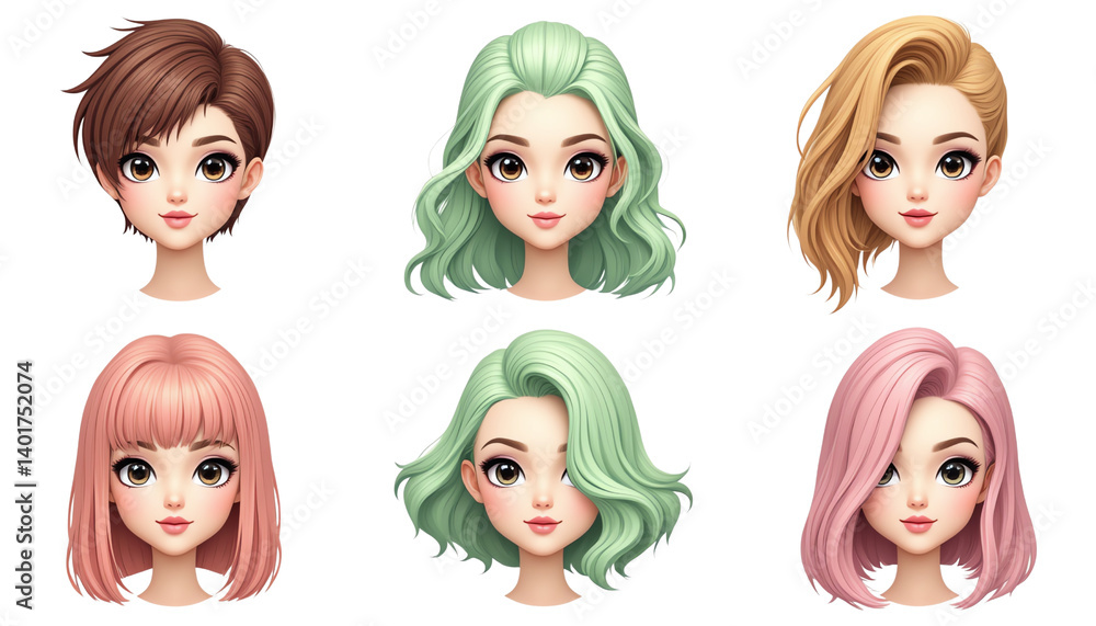 Diverse hairstyles displayed on stylized heads. Diverse hairstyles displayed on stylized heads.