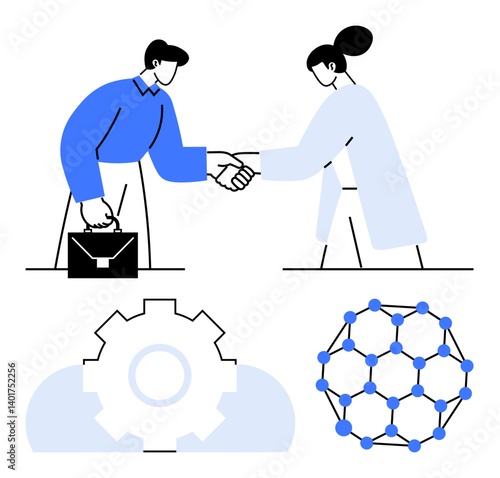 Business handshake between two people, gear icon, and network diagram representing partnership, innovation, teamwork, negotiation, collaboration, technology and professional connection. Ideal