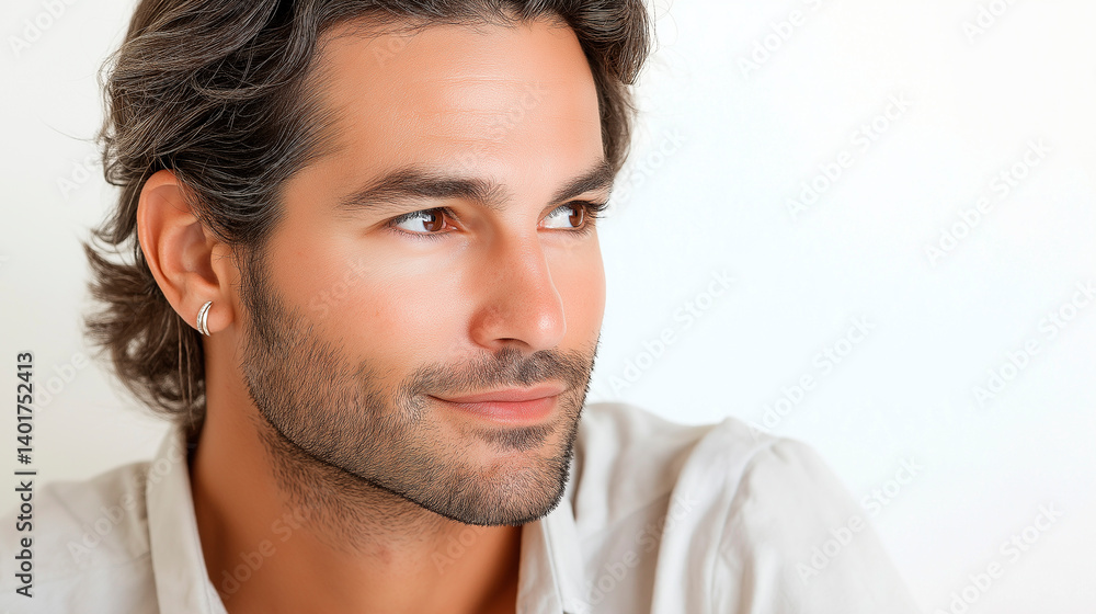 Handsome man with earring smiling and looking away on white background Handsome man with earring smiling and looking away on white background