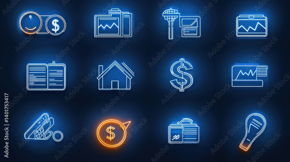 A collection of stylized icons representing various financial and economic elements including charts graphs currency investment and analytical tools