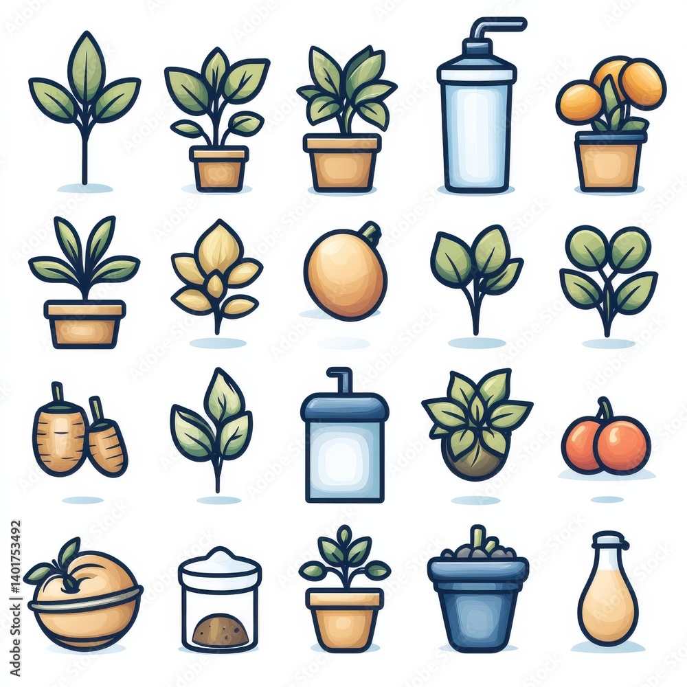 This image depicts a collection of simple and minimalist outline icons representing various elements related to soil plants and gardening such as potted plants watering cans and gardening tools