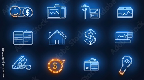 Obraz na płótnie A collection of stylized icons representing various financial and economic elements including charts graphs currency investment and analytical tools w salonie