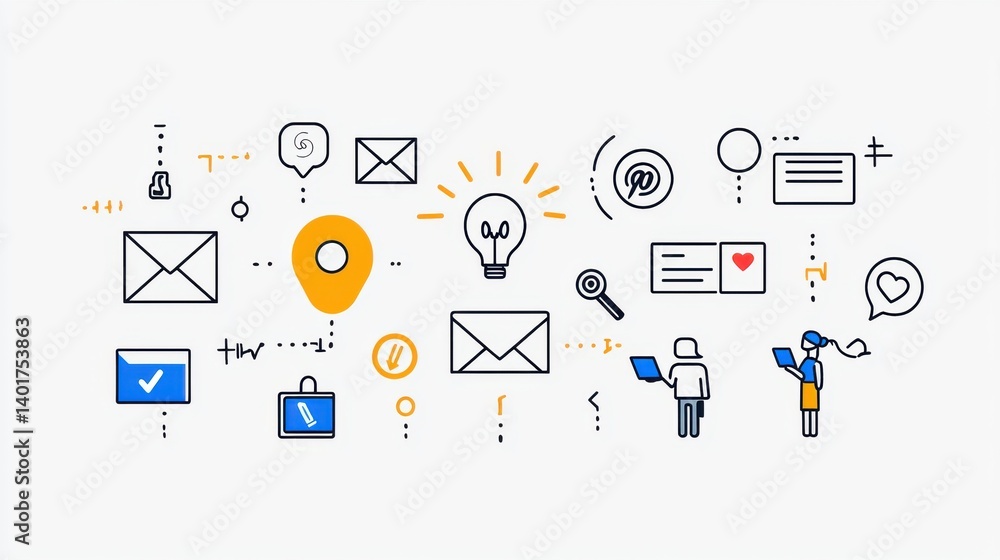 A diverse set of outline icons symbolizing various aspects of digital communication technology and online interactions such as messaging social media file sharing analytics and business workflow A diverse set of outline icons symbolizing various aspects of digital communication technology and online interactions such as messaging social media file sharing analytics and business workflow