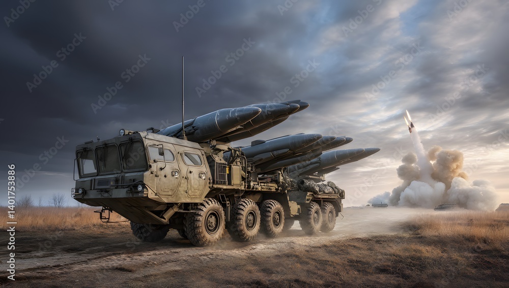 Military missile launcher launching a missile in a dramatic display. Military missile launcher launching a missile in a dramatic display.