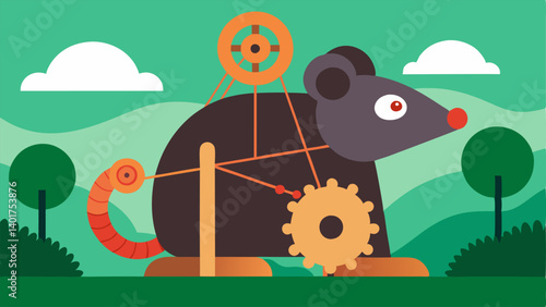 Giant Mechanism Depict a colossal mouse with oversized wooden beams serving as the base. Include a network of giant gears and springs interconnected with thick ropes. The is set in