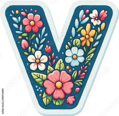 Doodle flower letter V. Floral element of colorful alphabet made from flowers