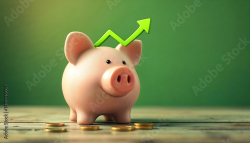 Piggy bank, upward arrow, financial growth, savings concept, green background, gold coins