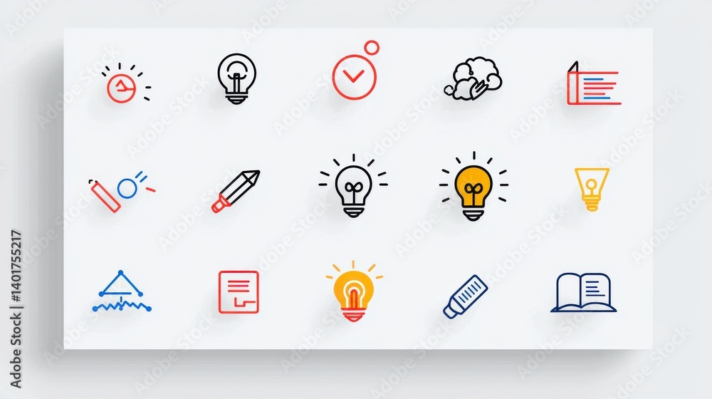 A collection of 15 simple modern icons representing various business and management concepts like ideas planning strategy and analysis