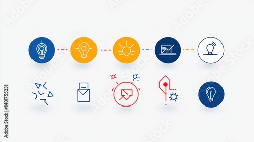 A collection of minimalist icons representing various business and management concepts including strategy innovation analytics and teamwork