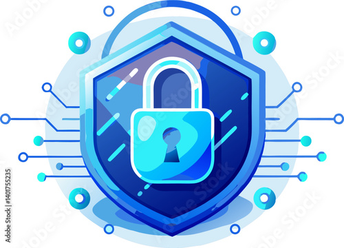 Blue shield with padlock for digital security, 3D vector illustration icon.