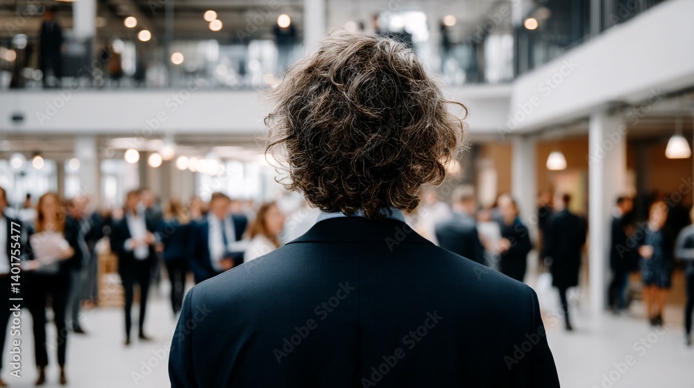 Person facing crowd in large bright indoor space possibly at a conference. Person facing crowd in large bright indoor space possibly at a conference.