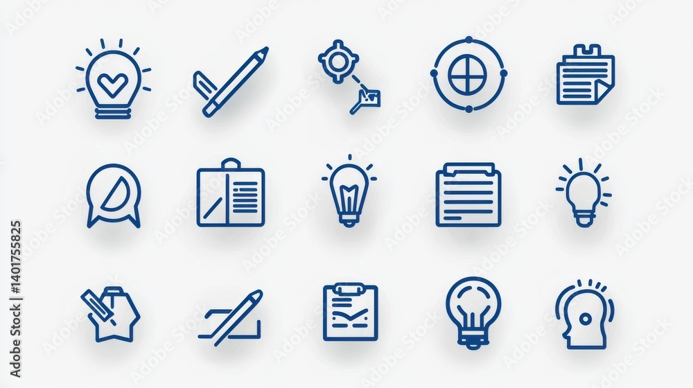 A collection of 15 simple monochrome outline icons symbolizing ideas tools and processes related to creativity brainstorming and learning