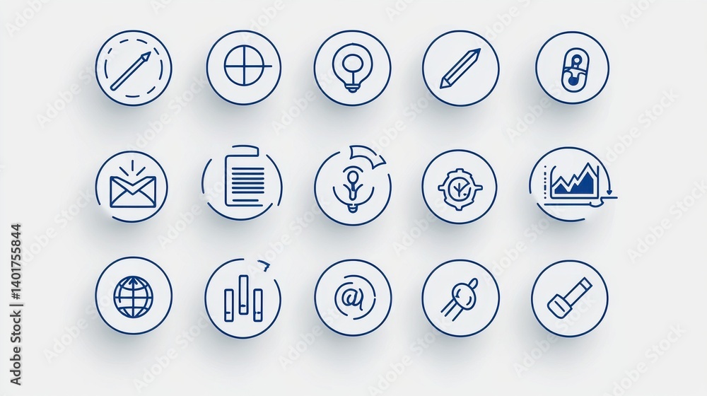This image depicts a collection of 15 simple minimalist line art icons symbolizing different aspects of digital technology communication analytics and user interface design