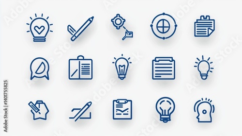Obraz na płótnie A collection of 15 simple monochrome outline icons symbolizing ideas tools and processes related to creativity brainstorming and learning w salonie