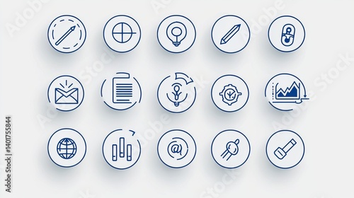 Obraz na płótnie This image depicts a collection of 15 simple minimalist line art icons symbolizing different aspects of digital technology communication analytics and user interface design w salonie