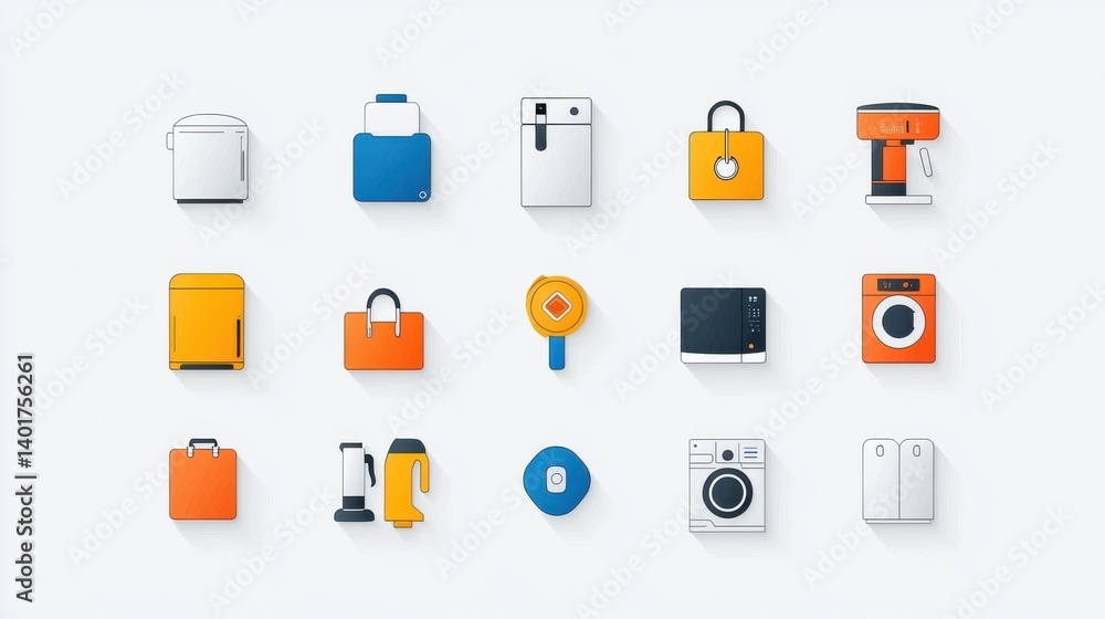 A collection of 15 minimalist contemporary icons representing various home appliances and electronic devices for a modern clean and efficient living space
