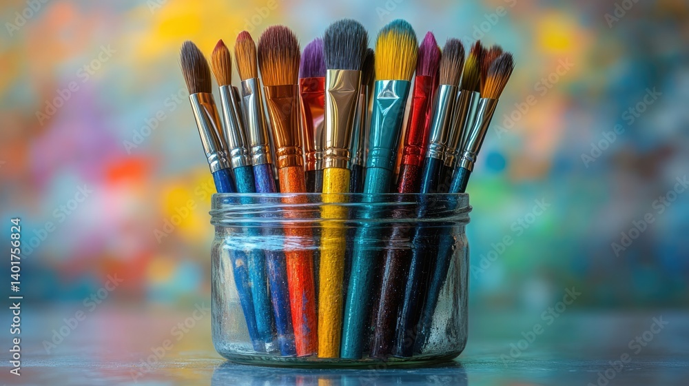 Obraz premium Artistic Palette: A collection of vibrant paintbrushes in a glass jar, displayed against a colorful, abstract backdrop. Celebrating creativity and artistic expression.