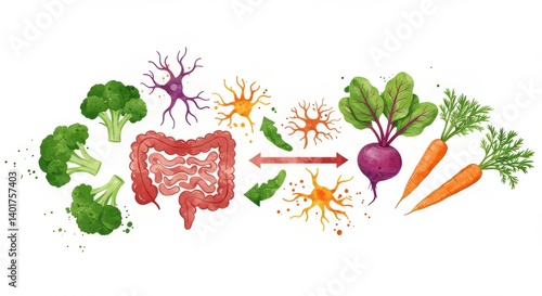 Gut Brain Axis Connection with Broccoli, Carrots and Beets Illustrating the Communication System and Healthy Digestion for Balanced Wellbeing