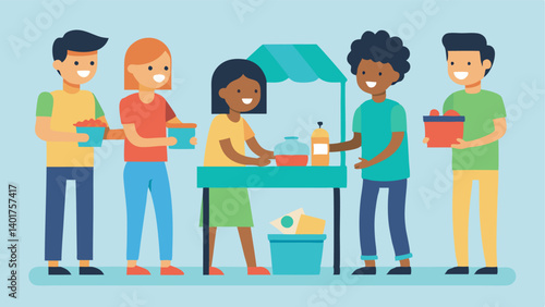 Group Selling Friends setting up a small yard sale of gently used items smiling as they engage with potential customers promoting community sharing.
