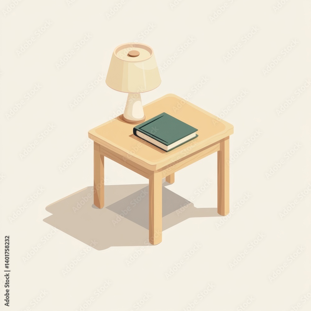 Fototapeta premium Isometric illustration of a small wooden table with a lamp and book. Simple, modern design, depicting a cozy reading nook.