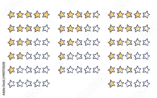 5 stars rating. Five stars icons. Hand drawn doodle stars elements. Customer feedback concept. Review product rating.Vector flat illustration for apps, websites