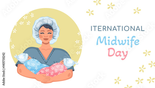 International Midwife day. Obstetrician holding newborn babies. Young female doctor with newborn twins. Newborn twin boy and girl in white hats, wrapped in cute blankets. Vector illustration