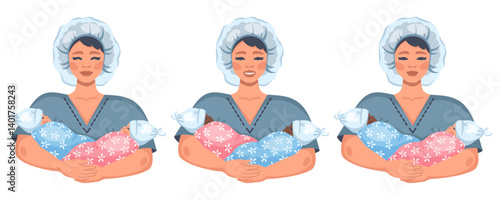 Midwife holding newborn twins. Smiling nurse carefully holding newborn babies of different nationalities. African and European newborn twin boy and girl in white hats, wrapped in cute blankets. Vector