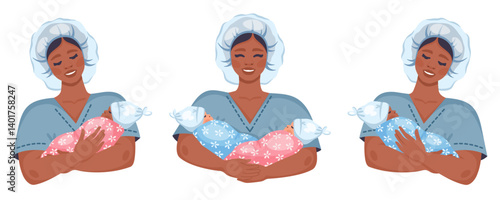 Smiling Asian doctor carefully holding newborn babies of different genders and nationalities. Happy nurse with newborn and twin boy and girl in white hats, wrapped in cute blankets. Vector